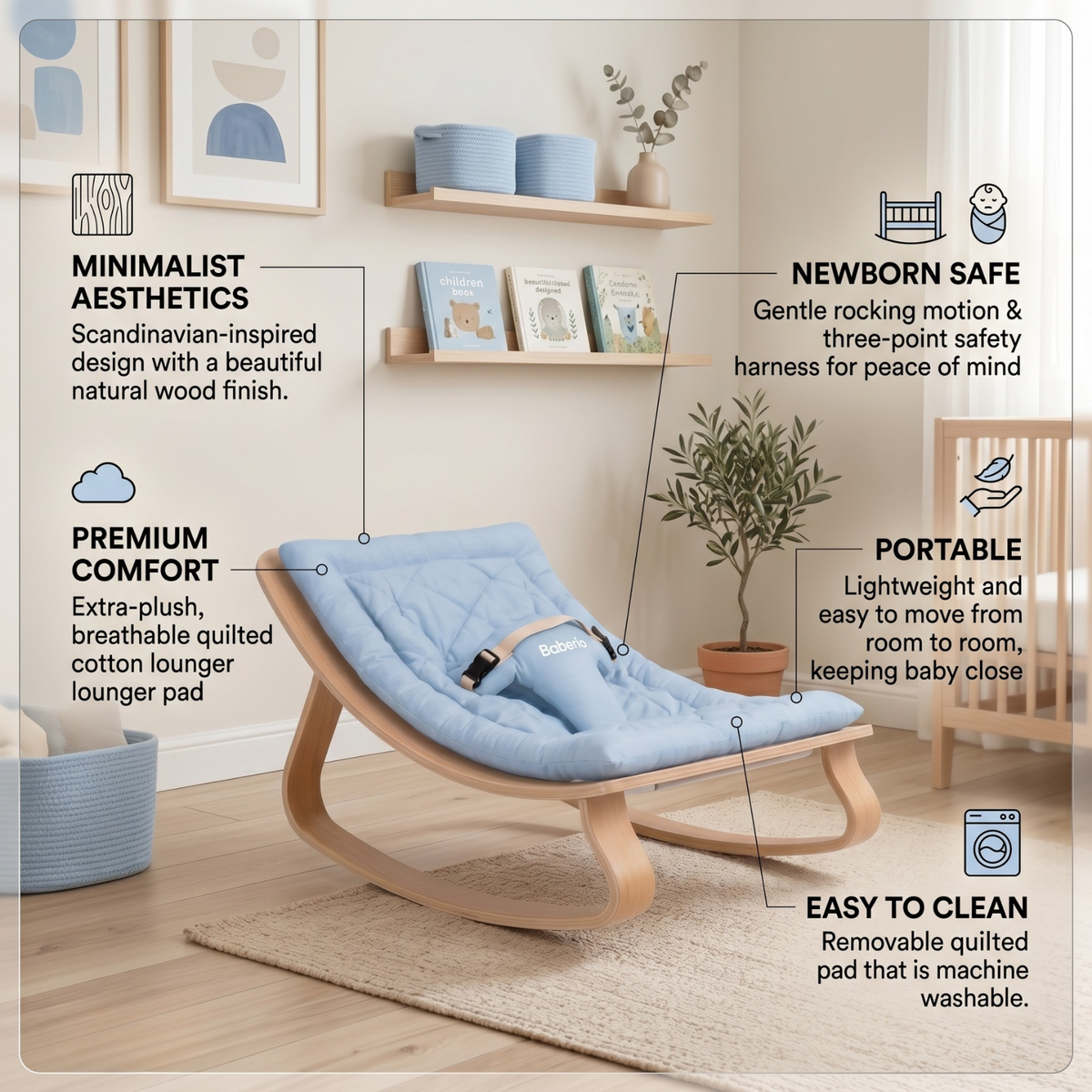 Baberio RockNest Minimalist Wooden Baby Rocker